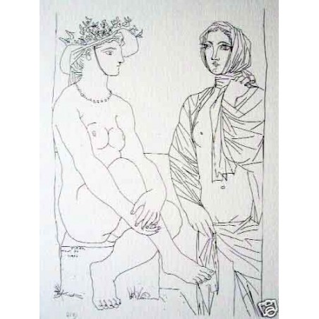 PABLO PICASSO - Mujer sentada con sombrero y mujer de pie cubierta