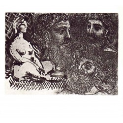 PABLO PICASSO - Mujer desnuda sentada y tres cabezas barbudas