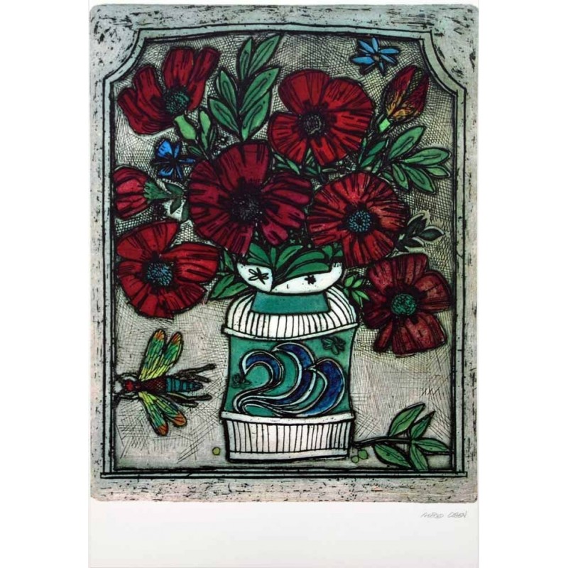 ALFRED COHEN -  Jarrón con flores rojas