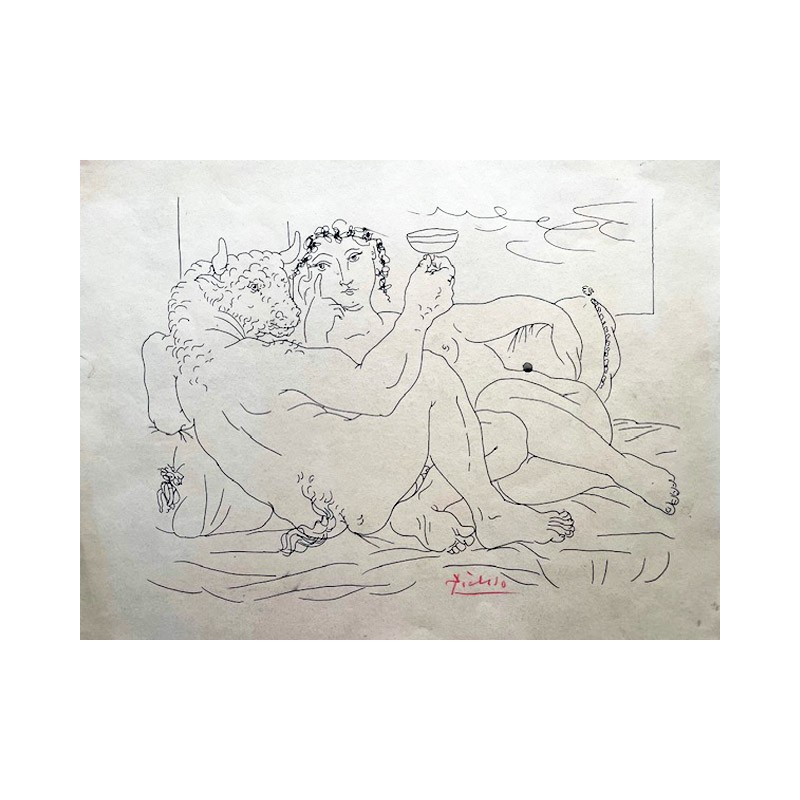 PABLO PICASSO - Minotaure avec une coupe à la main et une jeune femme