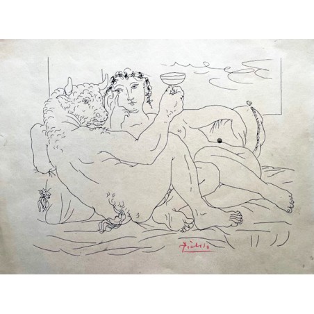 PABLO PICASSO - Minotauro con una copa en la mano y mujer joven
