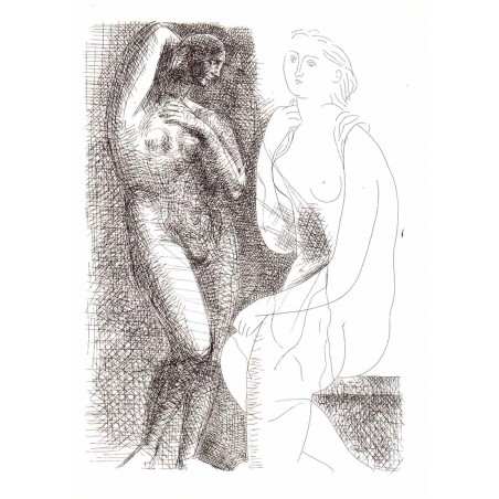 Naked woman in front of a statue